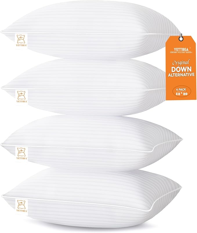 Pillow Insert Set of 4, Soft Virgin Microfiber Square Throw Pillow Inserts for Living Room, Couch Bed Pillows, Down Alternative Filled, 12x20 Inch(30x50cm White
