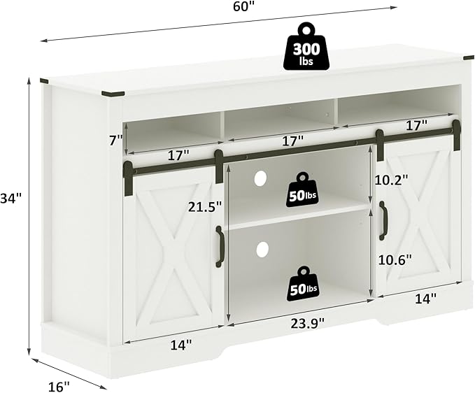 Farmhouse White Stand for TVs up to 65+ Inch Tall Entertainment Center with Sliding Barn Door, Console Storage Cabinet for Bedroom, Living Room