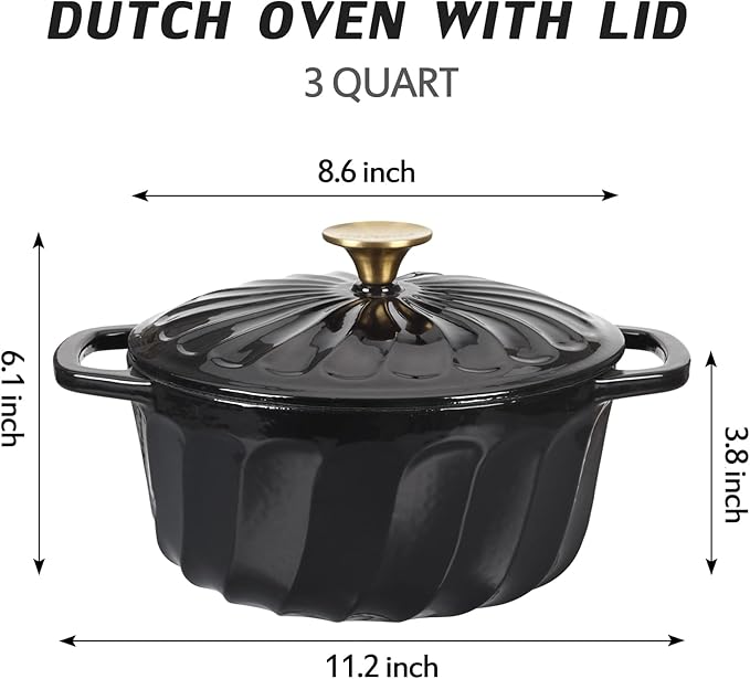 Enameled Cast Iron Dutch Oven with Lid, 3 QT Cast Iron Dutch Oven Pot, Heavy Duty Cast Iron Pot for Bread Baking, Cook, Bake, Oven Safe across All Cooktops(Black,3 QT)