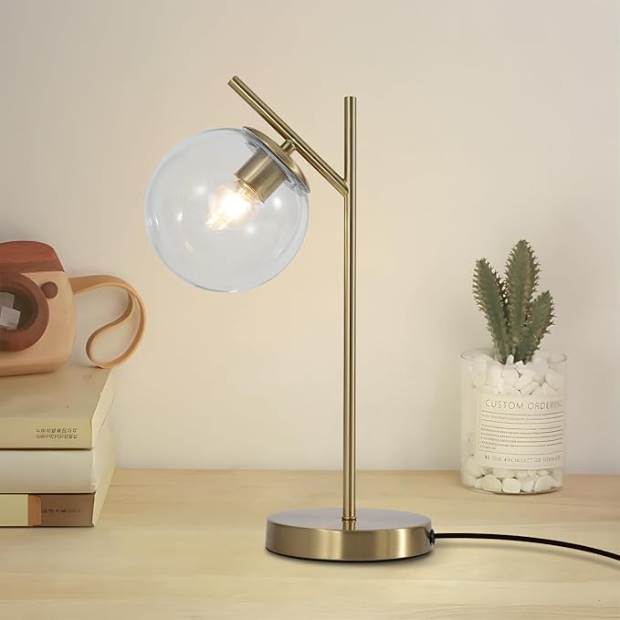 Mid Century Modern Table Lamp Contemporary Metal Brass Bedside Lamps with Clear Glass lampshade Gold Globe Nightstand Lamp for Bedroom Living Room Study Room