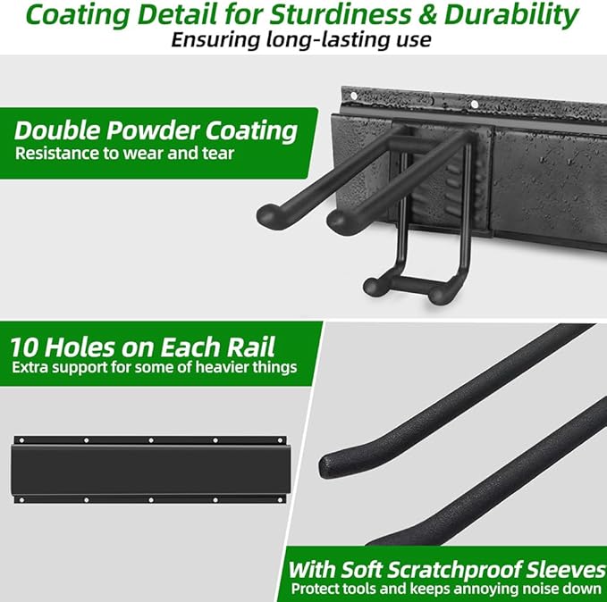 Garage Tool Organizer Wall Mount with 48 inches Rails and 6 Double-layer Hooks, Garden Tool Rack Heavy Duty, Garage Hanging Storage Rack For Yard Tools, Shovel, Shed