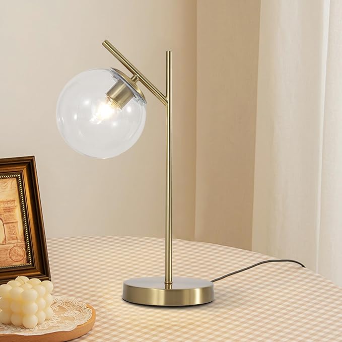 Mid Century Modern Table Lamp Contemporary Metal Brass Bedside Lamps with Clear Glass lampshade Gold Globe Nightstand Lamp for Bedroom Living Room Study Room