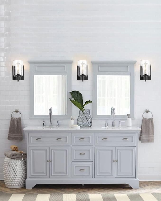 2-Pack Bath Vanity Light Fixtures Wall Sconces, Modern Indoor Bathroom Wall Lights with Seeded Glass, Black Wall Light Fixtures for Bedroom Mirror Kitchen Living Room Entryway Patio