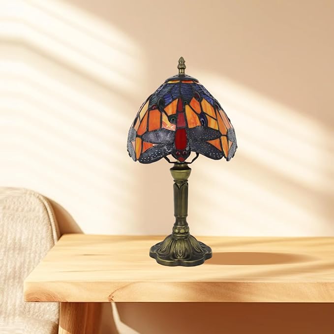 8 inch Dragonfly Tiffany Style Table lamp Vintage Small Blue Orange Stained Glass Shade Light Home livingroom Bedroom Bedside Light Desk Decor Decoration 14.6" Tall