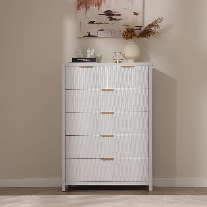 6 Drawers Dresser, 43.7" Tall Drawers for Bedroom, Extra-Thick Tabletop & Frame, Modern Chest of Wood Drawer Organizer for Bedroom, Living Room, Hallway, Closet, Beigewhite