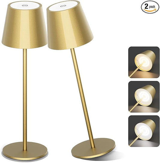 Aipsun 2 Pack Gold Table Lamp LED Modern Rechargeable Portable Table Light 6200mAh Battery Powered Table Lamp 3 Color Temperature Stepless Dimming Cordless Touch Lamps