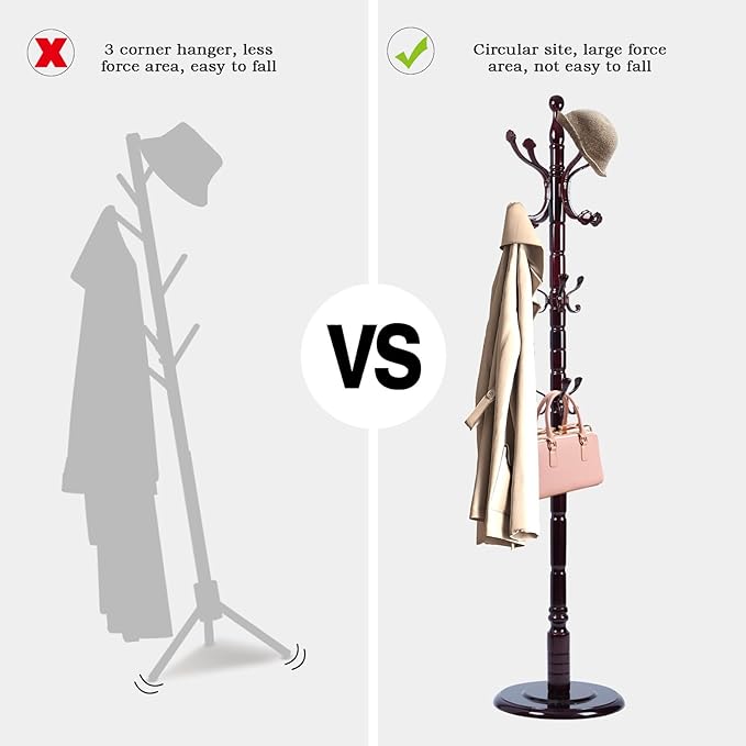 Coat Rack Freestanding, Wooden Tree Coat Rack Stand with 3 Adjustable Sizes Coat Tree and 14 Hooks, Sturdy Hall Tree with Solid Round Base for Entryway, Hallway,Bedroom (Rosewood Ruyi Hook)