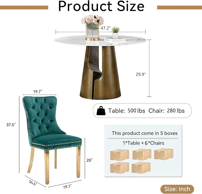 7-Piece Faux Marble Round Dining Table Set for 6, Modern Luxury Kitchen Table Set for 6 with Green Tufted Chairs,Circle Dining Tables with White Marble Grain Top and Bronze Pedestal Base