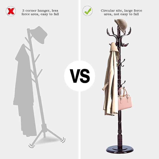 Coat Rack Freestanding, Wooden Tree Coat Rack Stand with 3 Adjustable Sizes Coat Tree and 14 Hooks, Sturdy Hall Tree with Solid Round Base for Entryway, Hallway,Bedroom (Solid Wood Fenghuang Gou)