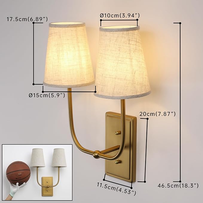 Vintage 2-Lights Wall Sconces with Funnel Linen Fabric Shades, Double Head Bathroom Vanity Lights Fixture, Indoor Wall Lamps for Bedroom Living Room Hallway Stairway