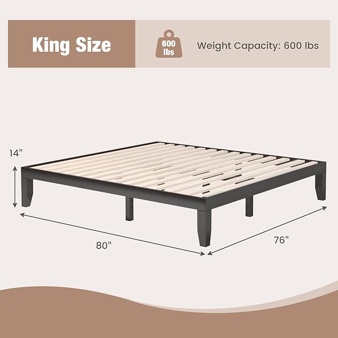 Giantex 14 Inch King Wood Platform Bed Frame, Minimalist Style Mattress Foundation with Solid Rubber Wood, Heavy Duty Slat Support, Without Headboard, Easy Assembly, No Box Spring Needed, Espresso