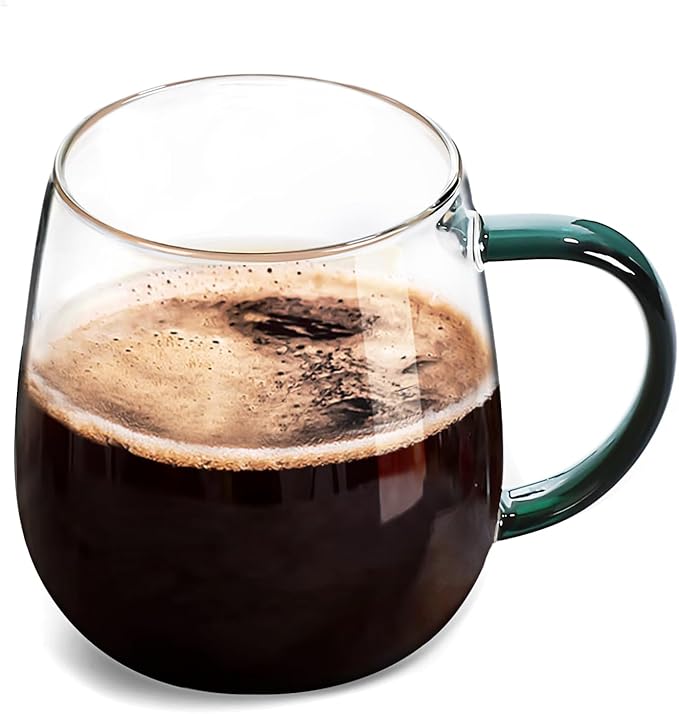 Clear Glass Mug with Handle, Dark Green Handle 16 oz, High Borosilicate Glass Mug for Large Glass Coffee Mugs with Handle, Drinking Mugs with Handle, or as a gift!…
