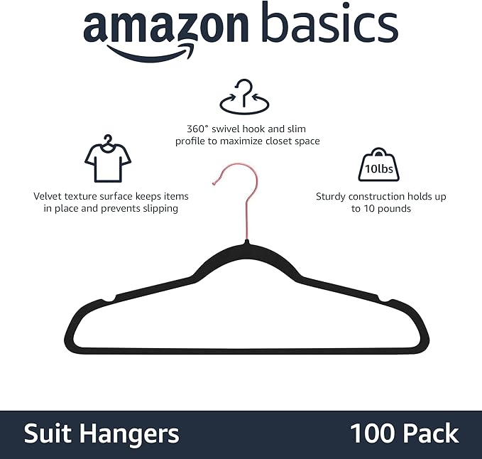 Amazon Basics Slim, Velvet, Non-Slip Suit Clothes Hangers, Black/Rose Gold - Pack of 100