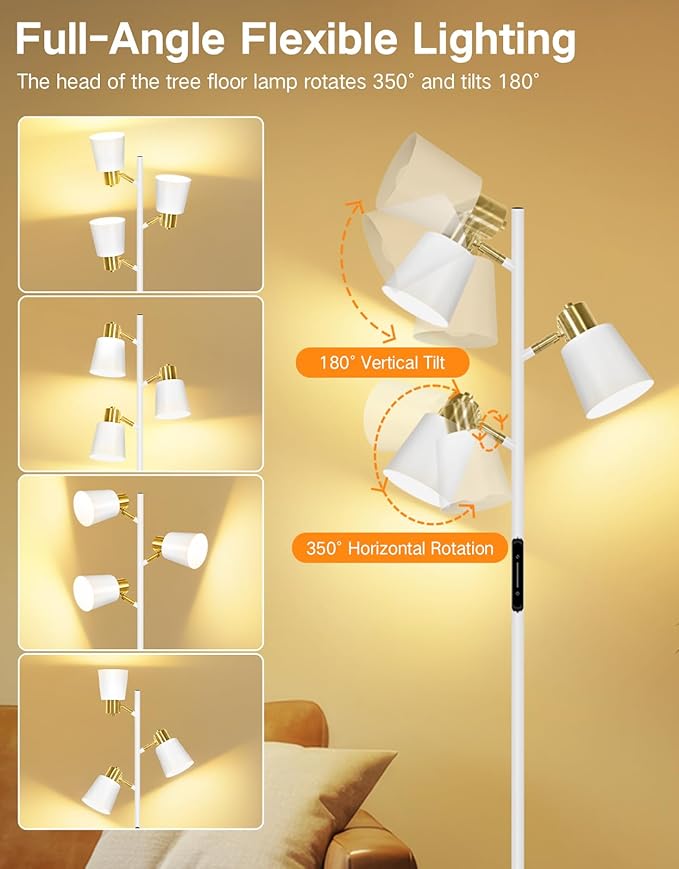 OUTON LED Tree Floor Lamp, Modern Dimmable Standing Lamp with Remote & Touch Control, 4 Color Temperatures, 3 Rotatable Lights Floor Lamps for Living Room, Bedroom, Office, White & Gold