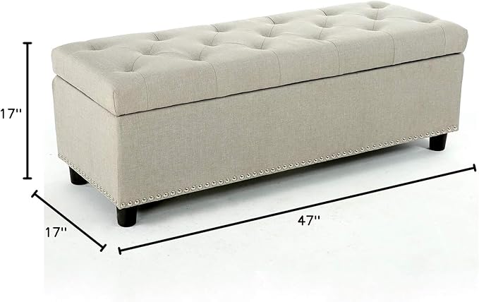 BELLEZE 47" Storage Ottoman, Storage Bench with Safety Close Hinge, Linen Button-Tufted Ottoman for Living Room, Entryway, Hallway, Foot Rest, Support 300lbs - Beige