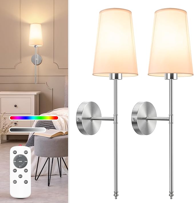 NIORSUN Brushed Nickel Battery Operated Wall Sconce Set of 2,Rechargeable Wall Lights with 5200mAh Dimmable Detachable Bulbs and Remote,9 Colors Wireless Sconces for Bedroom Living Room Hallway