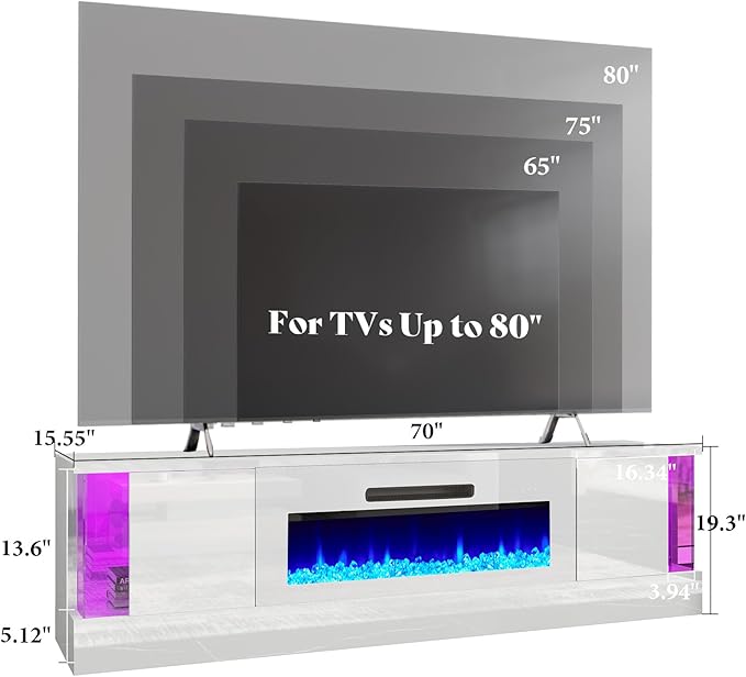 AMERLIFE High Gloss Fireplace TV Stand with 36" Fireplace, 70" LED Lights Entertainment Center with Flip Doors & Corner Glass Decor, Modern TV Console Table for TVs up to 80", Living Room, White&White