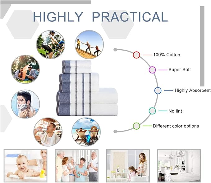 CASA COPENHAGEN White Bay, 6 Pieces Towel Set- White with Gold and Grey Border, 600 GSM, 2Bath, 2Hand, 2Washcloths Egyptian Cotton Towel for Hotel Spa Kitchen Bathroom Kitchen & Shower