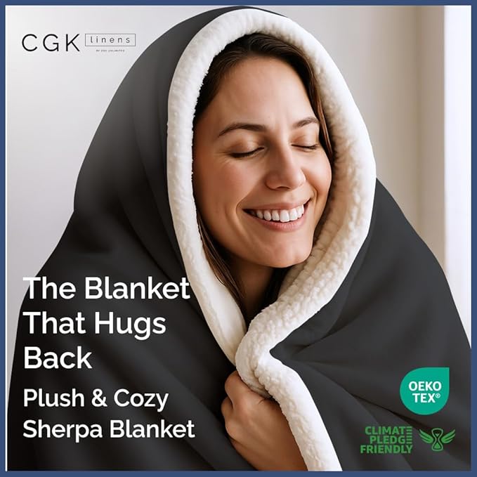 Sherpa Fleece Blanket Throw Size - Reversible Sherpa Fleece Throw Blanket - Super Soft Double Sided for Bed, Sofa, Couch - Thick, Warm, and Plush - Luxurious Bedding for Winter - Black, 50" x 60"