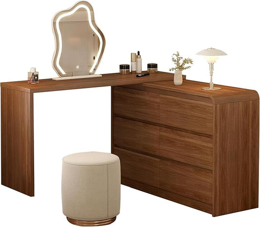 Makeup Vanity Desk with Cloud Shape Touch Screen Mirror, 50-94 in Adjustable Vanity Table Set with Chair, Bedroom Elegant Dressing Table for Women with 6-Drawer Rounded Corners Storage Cabinet, Brown