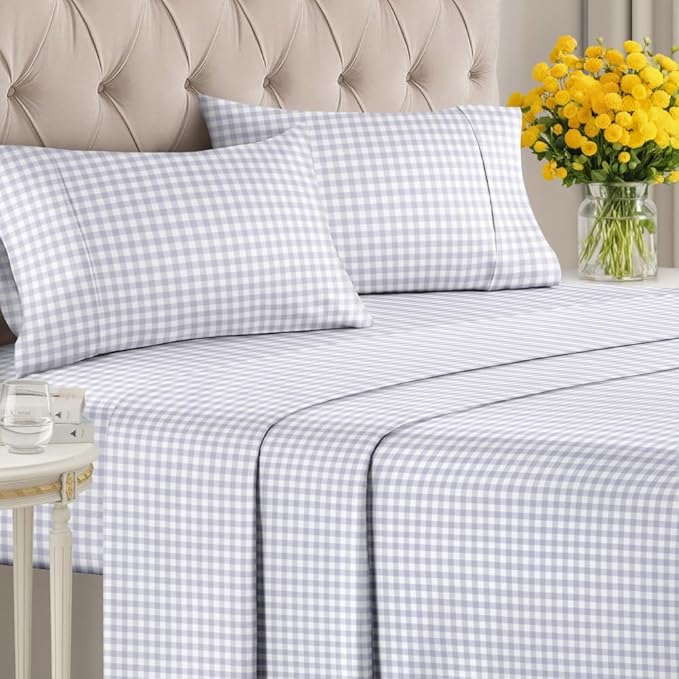 Grey Gingham Sheets - 1 Flat & 1 Fitted Sheet & 2 Pillowcases w/ Deep Pockets - Grid, Plaid, Checkered Pattern Bed Set - Wrinkle & Fade Resistant - Ultra-Soft, Breathable and Cooling - Queen Size