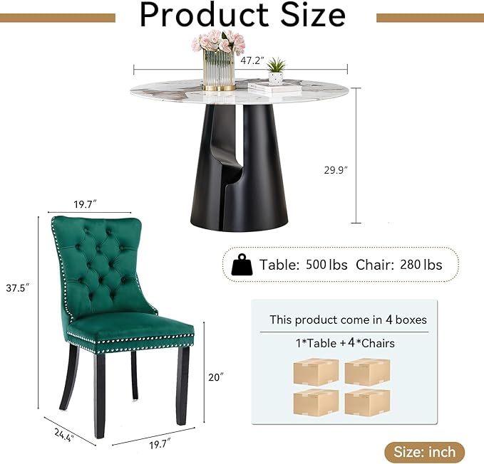 5-Piece Faux Marble Round Dining Table Set for 4, Modern Luxury Kitchen Table Set for 4 with Green Tufted Chairs,Circle Dining Tables with Pandora Grain Top and Black Pedestal Base