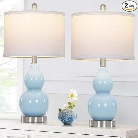 Double Gourd Ceramic Table Lamps Set of 2, Modern Blue Bedside Lamps for Night Stand, Contemporary Nightstand Lamps for Bedroom Living Room (Bulb Included)