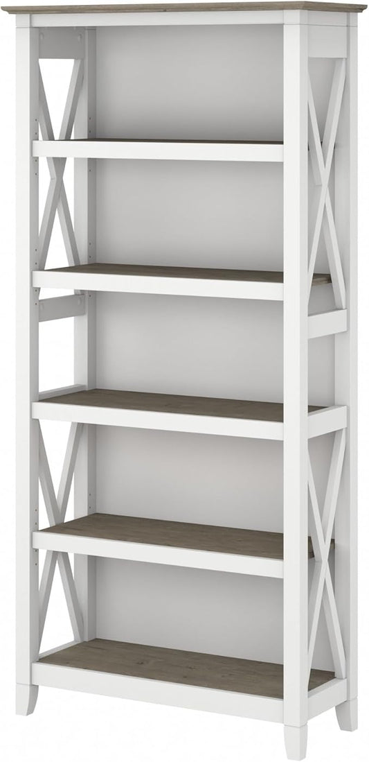 Bush Furniture Tall 5 Shelf Bookcase for Living Room or Home Office, Large Bookshelf, Modern Farmhouse Style, Key West Collection, Pure White and Shiplap Gray