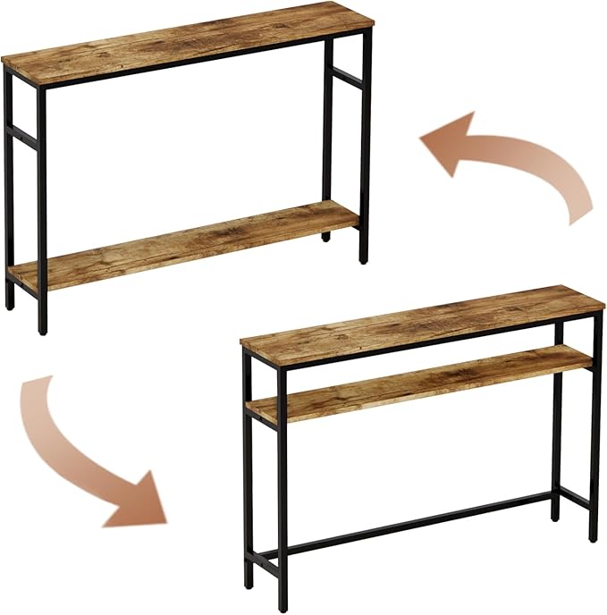Narrow Console Table, 47 Inch Sofa Table with Adjustable Shelf, 2-Tier Long Skinny Table for Hallway, Entryway, Living Room, Foyer, Rustic Brown