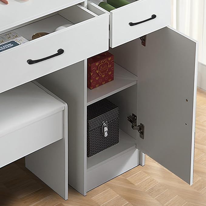 JBLCC Vanity Desk with Mirror and Lights, 39.4‘’ White Makeup Vanity with 3-Color Lighted Mirror, 5 Drawers & Open Shelves, Big Vanity Table for Bedroom, Girls & Women