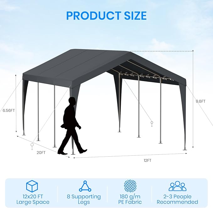 12x20 FT Heavy Duty Carport, Outdoor Portable Car Canopy Garage, Galvanized Steel Frame, UV-Resistant Waterproof PE Tarp Shelter for Vehicles, Boats, RVs, Driveway Carport, Gray