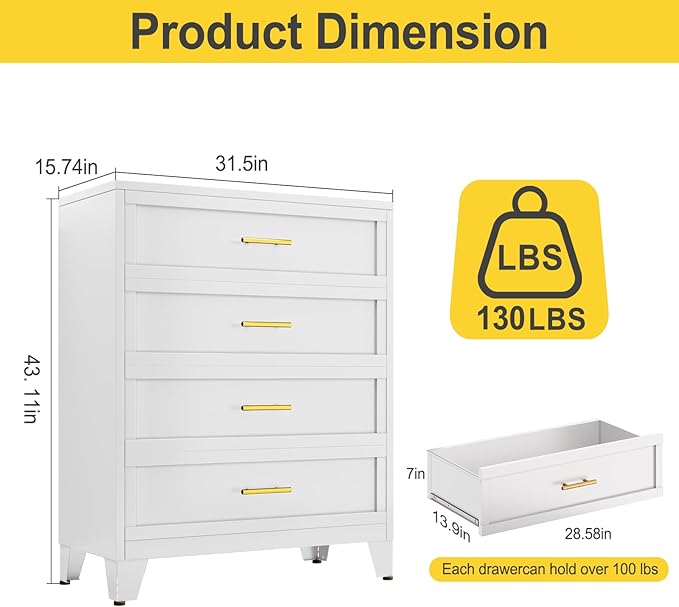 43.11" Tall Metal Dresser for Bedroom, 4 Drawer White Dresser Chest with Gold Handles, Closet Dressers Chests with Fluted Panel, Vertical Storage Cabinet for Living Room, Entryway, Hallway