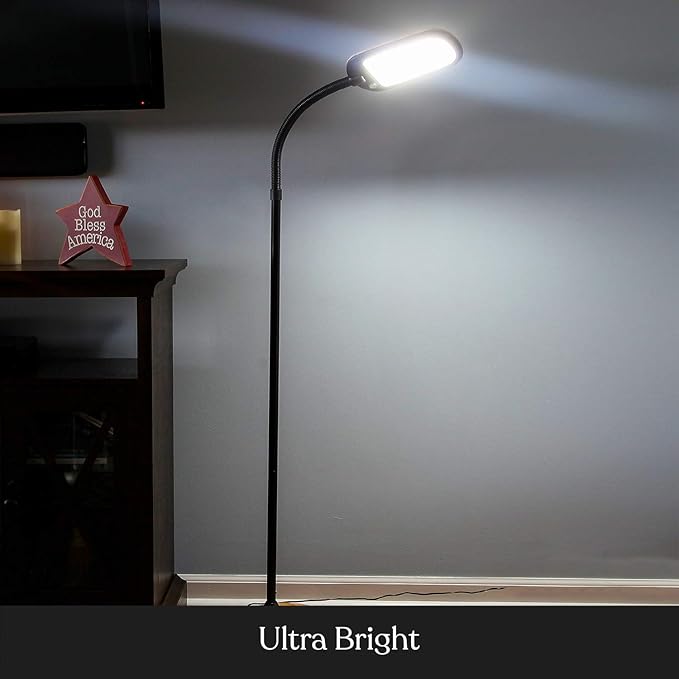 Brightech Litespan Slim LED Floor Lamp - Modern Reading Light Over Chair for Living Rooms & Offices, Tall With Adjustable Gooseneck, Crafts Work Light, Dimmable Standing for Bedroom - Wood