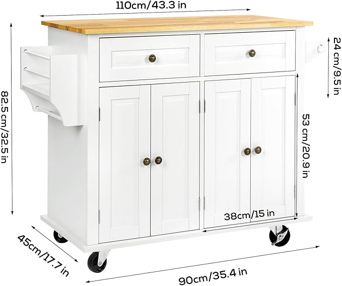 VOWNER Rolling Kitchen Island, Portable Kitchen Island with Storage, Floating Kitchen Cart with Spice Rack & Towel Rack, Drawer and Storage Cabinet, Isla para Cocina (White)