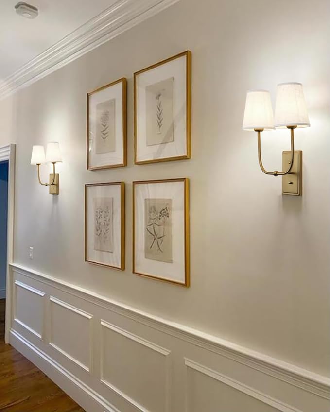 Vintage 2-Lights Wall Sconces with Funnel Linen Fabric Shades, Double Head Bathroom Vanity Lights Fixture, Indoor Wall Lamps for Bedroom Living Room Hallway Stairway