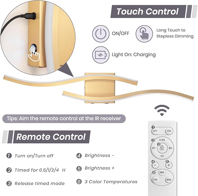 Modern LED Wall Sconce Set of Two, Battery Powered Wall Sconces Set of 2 with Timer, Gold Wall Light with Remote, LED Wall Lamp Indoor not Hardwired for Bathroom Living Room Bedroom Corridor