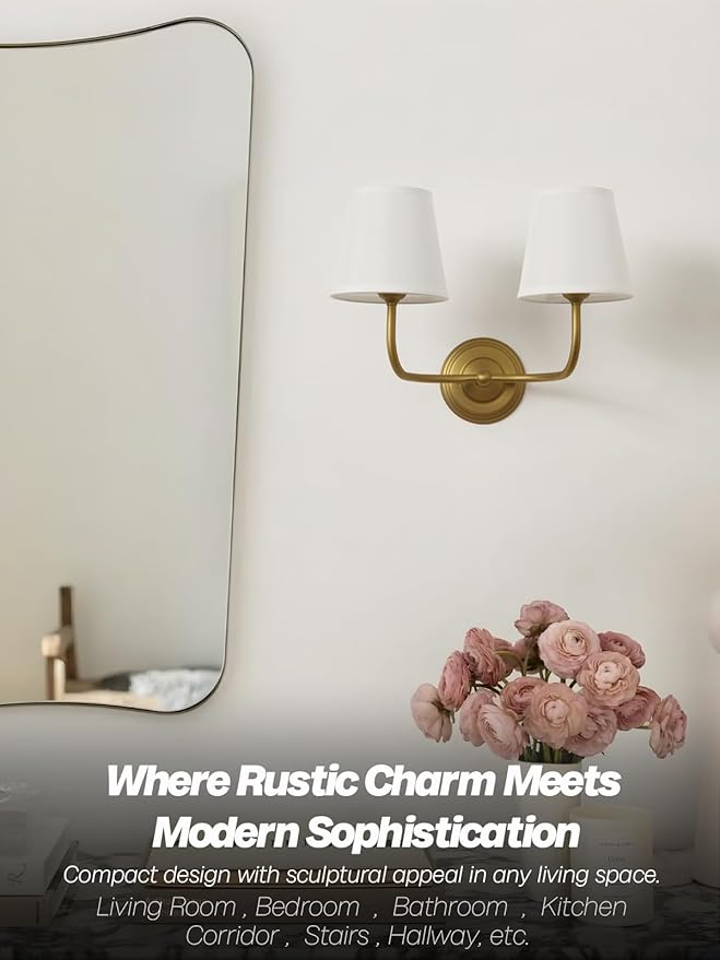 Vintage 2-Lights Fabric Wall Sconce with White Cloth Shade, Double Arm Wall Lamp Fixture for Bathroom Bedroom Living Room Hallway