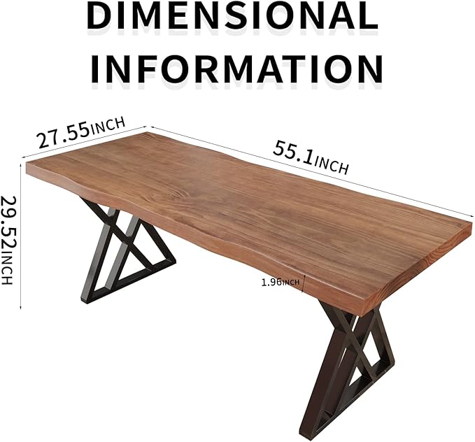 Solid Wood Computer Desk Study Office Desk 55" Writing Desk, Modern Simple Style PC Table, Black Metal Frame, Solid Wood Planks 55" D x 27" W x 29" H for Home Office Bedroom,Rustic Brown