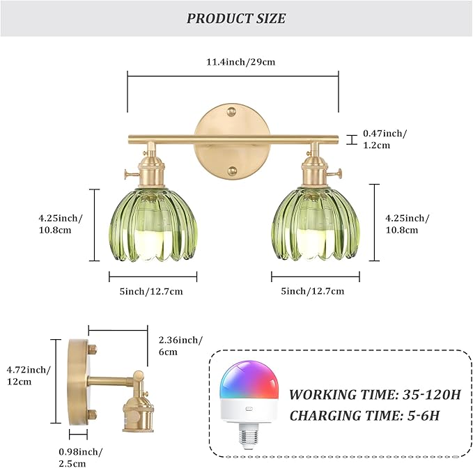 Battery Operated Bathroom Light Fixtures, 2-Light Brass Vanity Wall Light with 5000mAh Rechargeable Bulb Over Mirror with Green Tulip Glass Shade for Bedroom Living Room