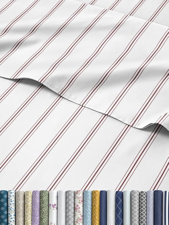 Striped Sheets - Red & White Striped Sheets - 1 Flat & 1 Fitted & 2 Pillowcases w/ Deep Pockets – Wrinkle & Fade Free - Ultra-Soft, Breathable & Cooling – Luxury Pinstripe Bedding - Queen Size Bed Set