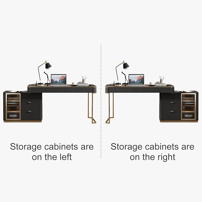 Lartis Office Desk, Very Easy to Assemble, Computer Desk, Home Telescopic Writing Desk, Modern Computer Desk with Retractable Cabinet Built-in LED Lights (Black Brown, 53 in)