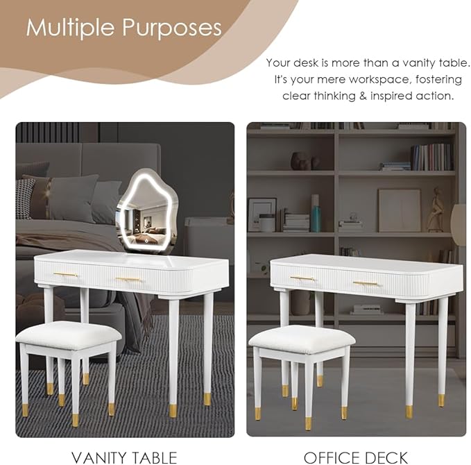 40" Modern Vanity Table Set with Mirror and Lights, Dressing Table and Cushioned Stool Set with 2 Large Drawers, Modern Makeup Table for Bedroom,Makeup Room