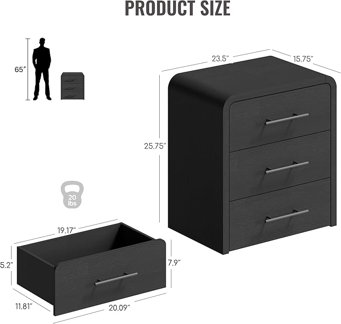Curved 3-Drawer Nightstand Dresser Set of 2, 23.6'' Wide Modern Wood Bedside Tables with Long Metal Handles, Large Storage End Tables for Bedroom, Office, Black