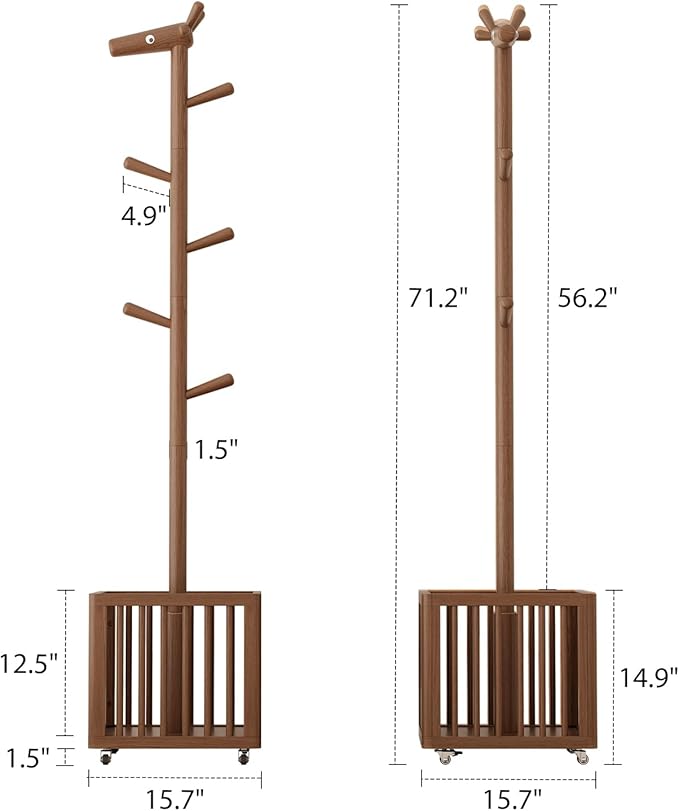 Coat tree freestanding heavy duty，Wooden coat rack freestanding for Entrance, Bedroom, Living room(Walnut)