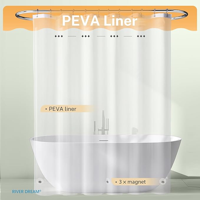 River Dream 3 in 1 Shower Curtain Set, Extra Long Waffle Fabric Shower Curtain and Waterproof Clear Liner Set with Double Sided Metal Hooks, Sage Green, 72" W*84" H