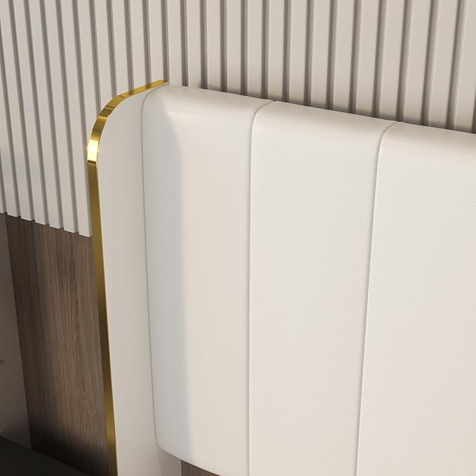 WOODTIME Queen Size Platform Bed Frame with Upholstered Heaboard, Modern Solid Wood Slat Support, Metal Legs, No Box Spring Needed, Easy Assembly, White