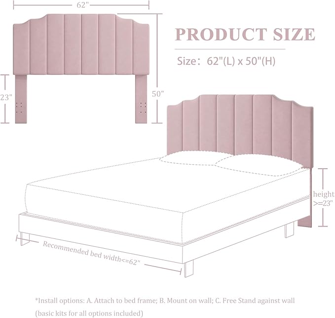 Queen Size Headboard Only, Velvet Wall Mounted Headboard Queen/Full Size for Adjustable Bed, Modern Vertical Channel Design with Curved Tufted Upholstered Head Board, Pink