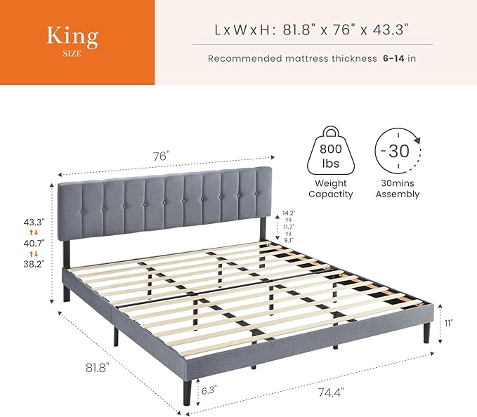 Sweetcrispy King Size Bed Frame - Fabric Upholstered Platform Bed with Headboard, 800LBS Sturdy Wooden Slats Support, No Box Spring Needed, Noise Free, Easy Assembly, Grey