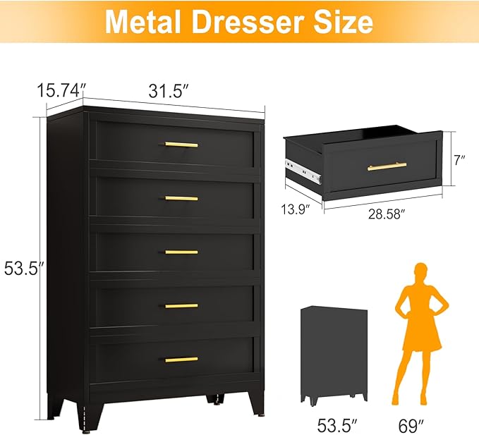 Metal Dresser Tall Black Dresser for Bedroom Chest,53.54" H Drawer Chest, Closet Dressers & Chests of Drawers for Living Room, Hallway (5 Drawers)