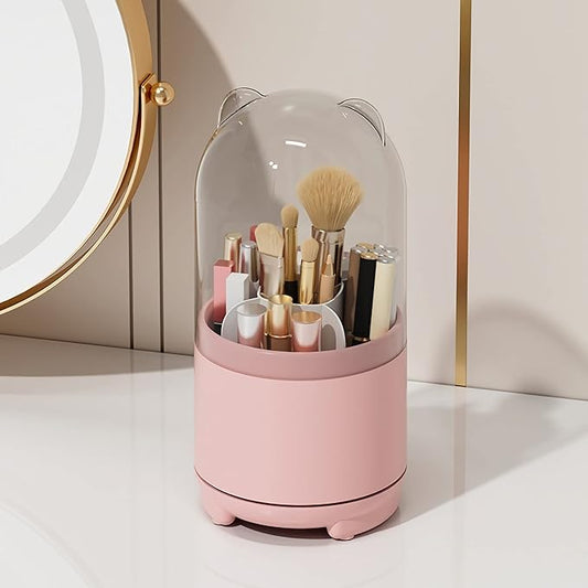 Cute Makeup Brush Holder Organizer with Lid, Rotating Dustproof Make Up Brushes Container with Clear Acrylic Cover for Vanity Desktop Bathroom Countertop